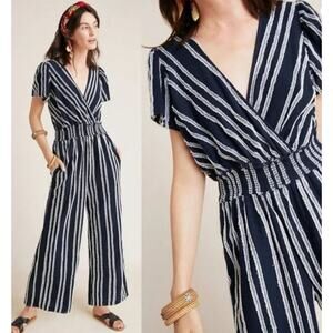 EUC Anthropologie Dolan Canovas Striped Cotton Blend Wide Leg Jumpsuit Navy S